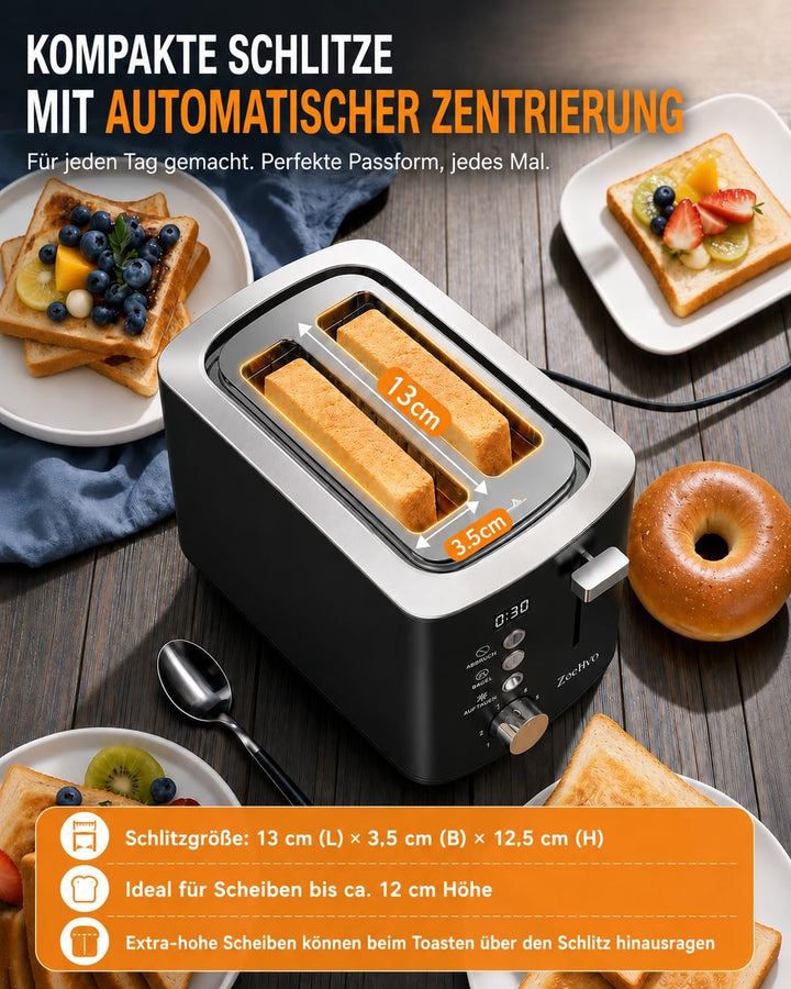 Edelstahl 2 Scheiben Toaster mit LED-Countdown & Brötchenaufsatz, extra breite 3,5 cm Schlitze für T