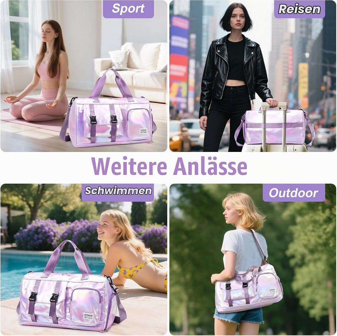 Sporttasche Damen Reisetasche mit Schuhfach und Nassfach, Wasserdicht Schwimmtasche Frauen Glitzer G