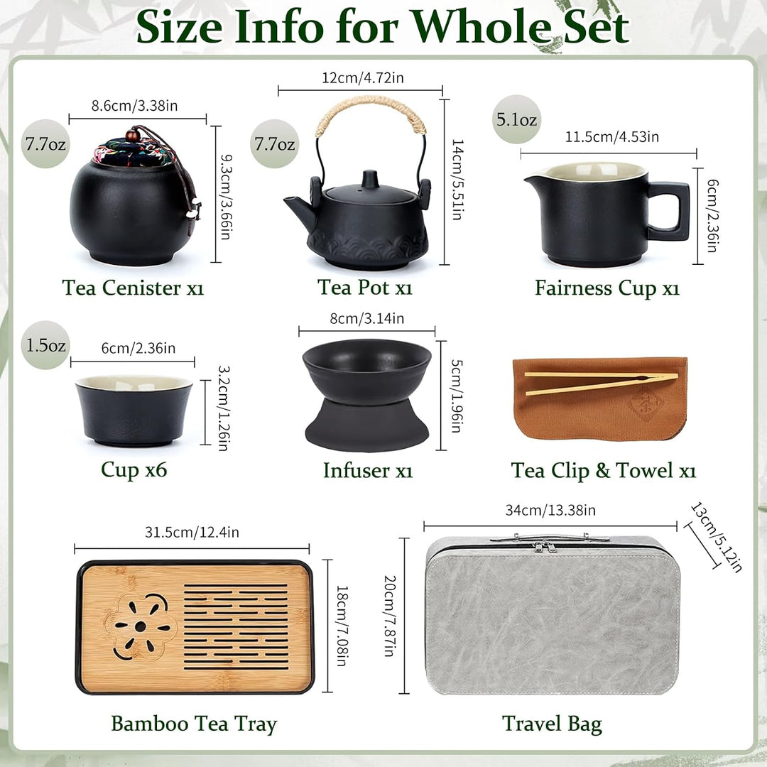 Tee-Set 14-teilig, Keramik schwarz, mit Kanne, 6 Tassen und Tablett | Japanisches Kung-Fu-Design. Tr