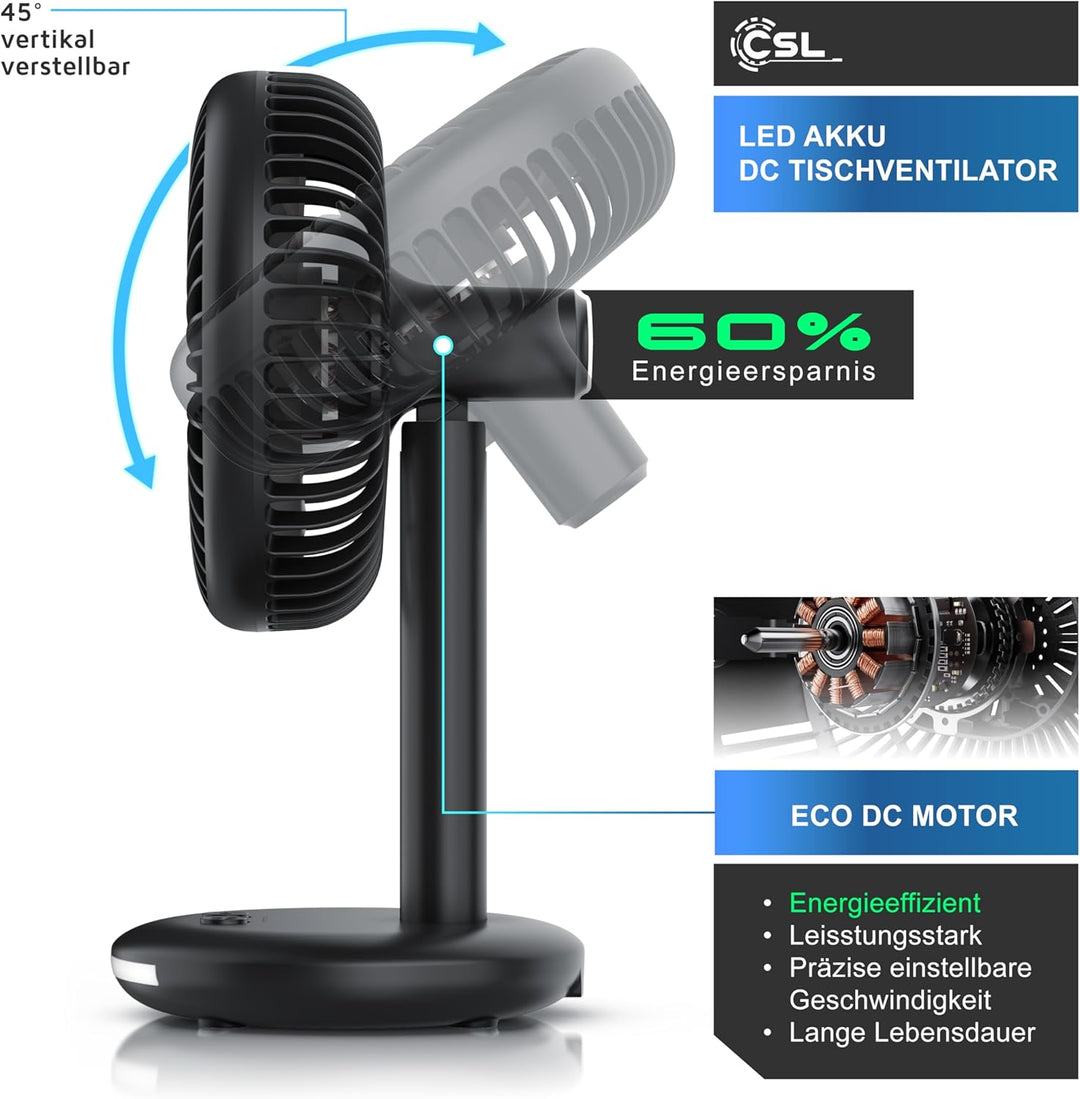 CSL - Akku Tischventilator kabellos - mit Akku – USB Mini Ventilator – DC Motor Brushless silent seh