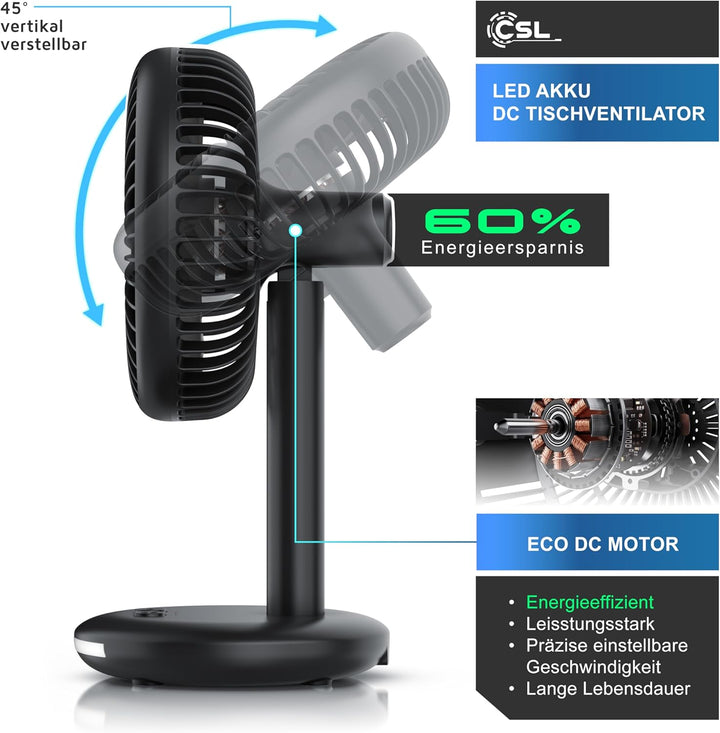 CSL - Akku Tischventilator kabellos - mit Akku – USB Mini Ventilator – DC Motor Brushless silent seh