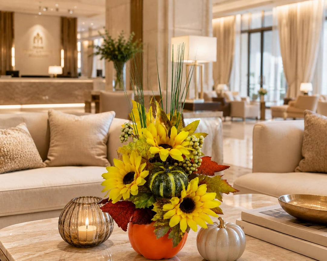 Gesteck aus Sonnenblumen mit Kürbis im Apfel-Topf Kunstblumen Arrangement Künstlich Deko Tischdeko H