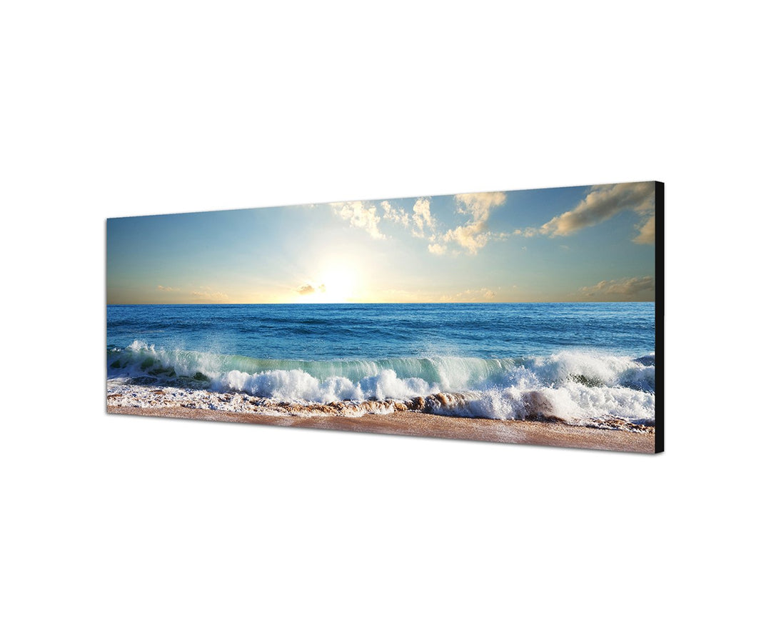Augenblicke Wandbilder Leinwandbild als Panorama in 150x50cm Meer Strand Wellen Sonnenuntergang Wolk