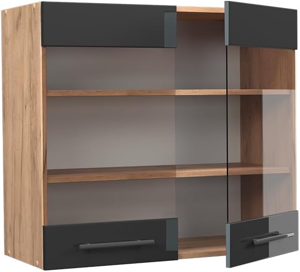 Vicco Küchenschrank Glas Fame-Line, Anthrazit Hochglanz/Goldkraft Eiche, 80 cm Hängeglasschrank 80 c