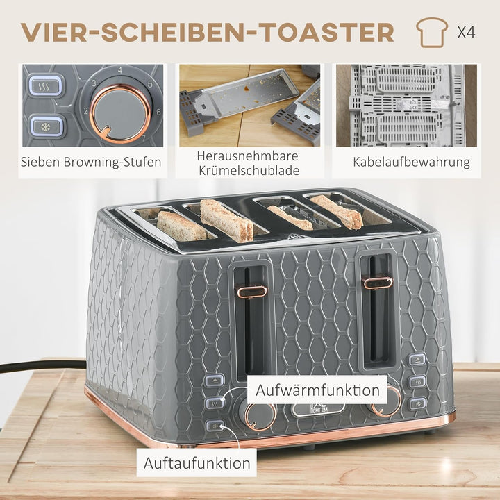 HOMCOM Wasserkocher Toaster Set 1,7L Wasserkocher 4 Toastscheiben Frühstücksset mit 7 Bräunungsstufe