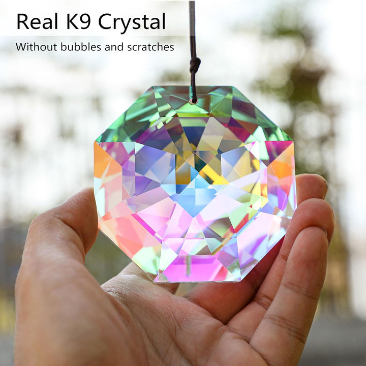 HDCRYSTALGIFTS 80mm Regenbogenprisma Sonnenfänger für das Fenster AB farbige grosse Kristalloktagonp