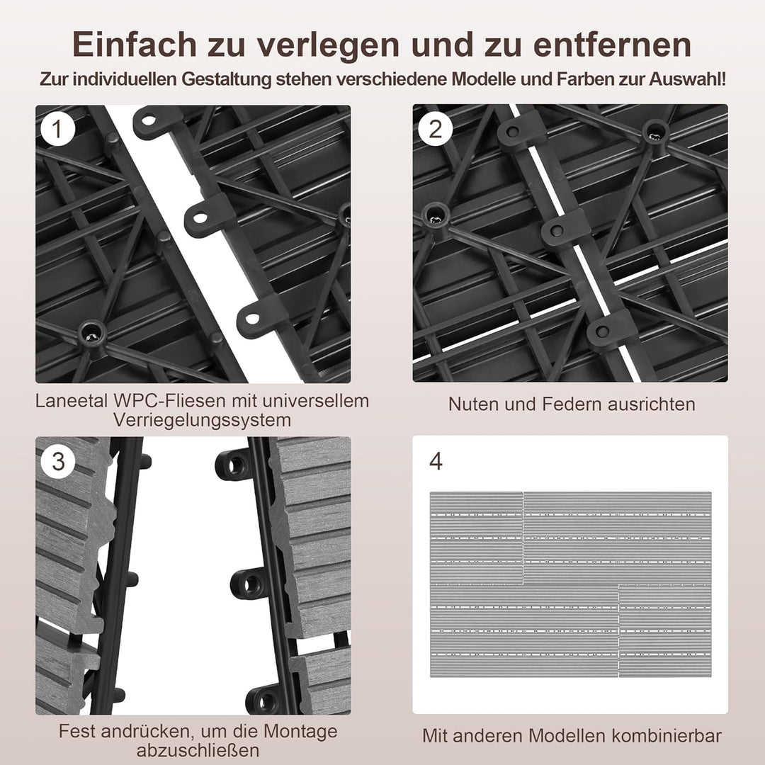 Laneetal WPC Fliesen 11er Set für 1 m², für Aussen Terrasse Balkon, Terrassenfliesen Klicksystem 30x