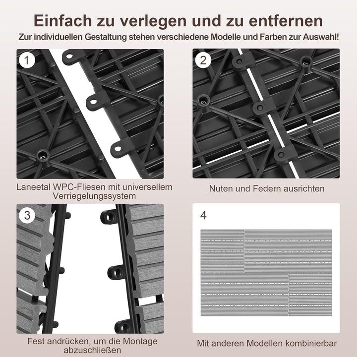 Laneetal WPC Fliesen 11er Set für 1 m², für Aussen Terrasse Balkon, Terrassenfliesen Klicksystem 30x