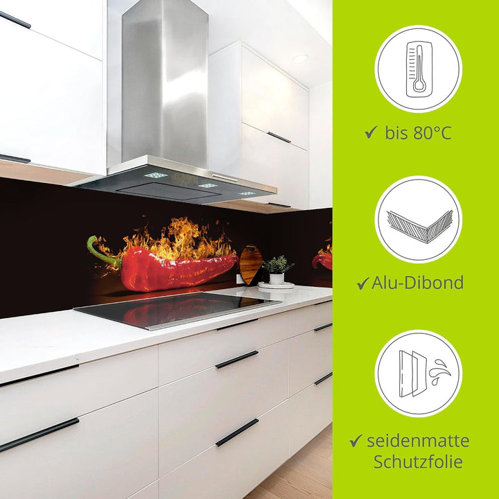 ARTland Spritzschutz Küche aus Alu für Herd Spüle 120x50 cm (BxH) Küchenrückwand mit Motiv Essen Leb