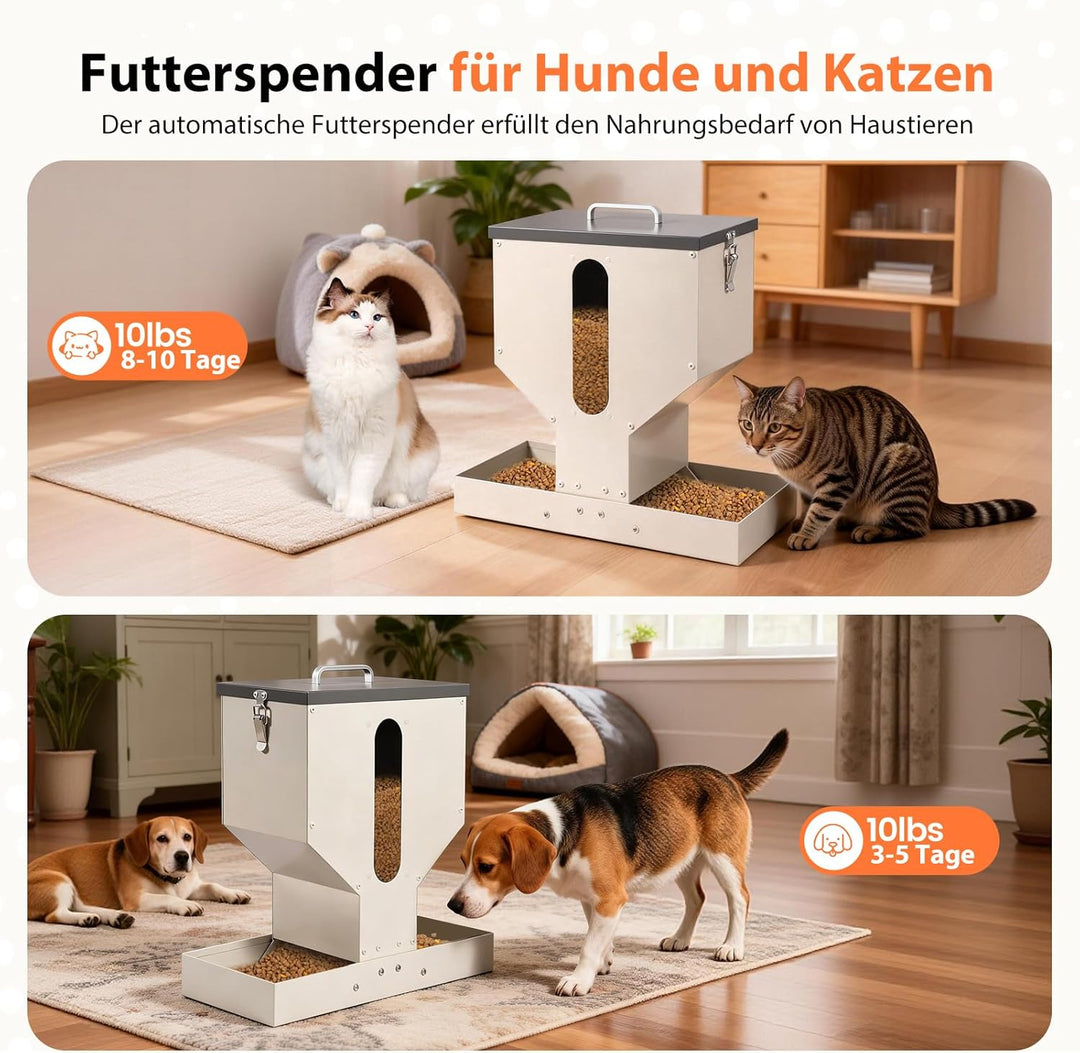 Futterautomat Katze 2 Näpfe, Trockenfutterspender für Katzen, 10l, Metall, Futterspender für Katzen
