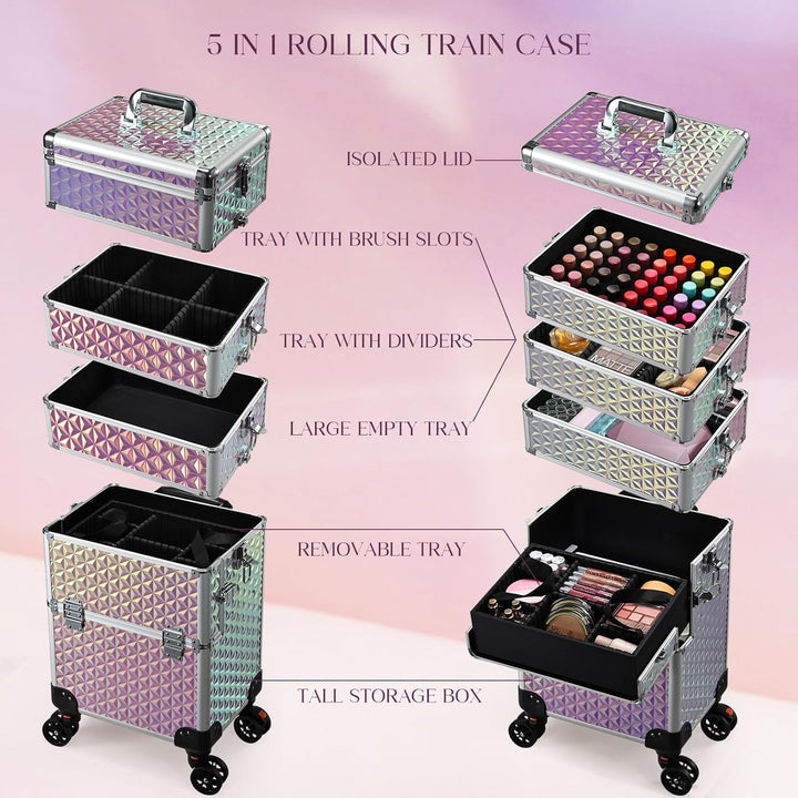 Kosmetik Trolley 5 in 1 Kosmetikkoffer Trolley Make up Koffer Gross Friseurkoffer mit Rollen Schmink