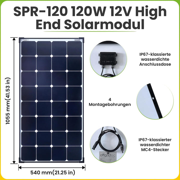 12V Solaranlage für Wohnwagen SM120/12V MPPT - Komplett-Set 120 Watt für Wohnmobil mit MPPT Laderegl