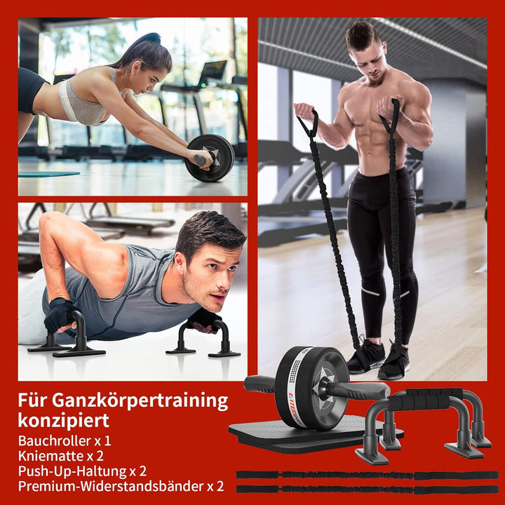 EnterSports Bauchroller, 6-in-1 Bauchtrainer mit Fitnessband, Liegestütze, Kniematte, Fitness Geräte