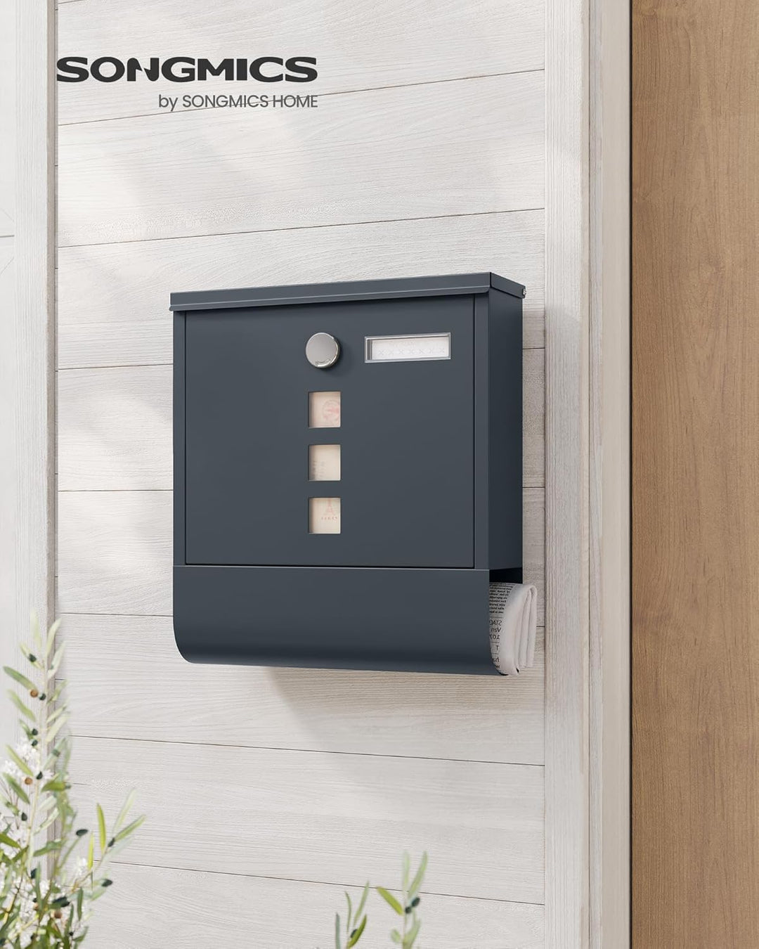SONGMICS Wandbriefkasten, mit Schloss mit Drehdeckel, Sichtfenster, Namensschild, Zeitungsfach, einf