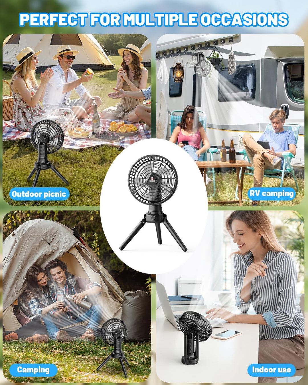 Camping Ventilator Akku, Ventilator Leise USB Aufladbar, Stufenlose Drehzahlregelung, Tischventilato