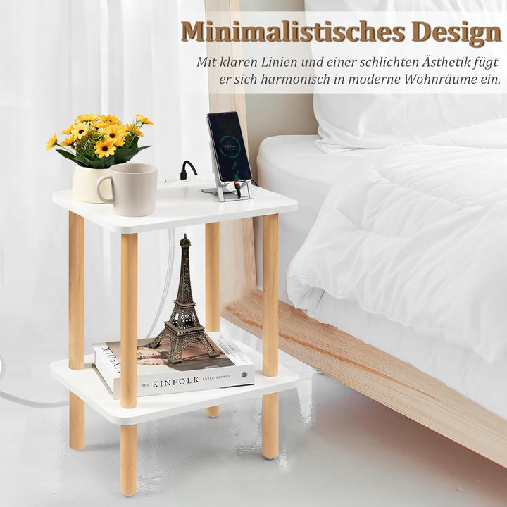 FORAOFUR Beistelltisch Holz, Beistelltisch klein mit Ladestation, Nachttisch klein, 2 Ebenen Telefon