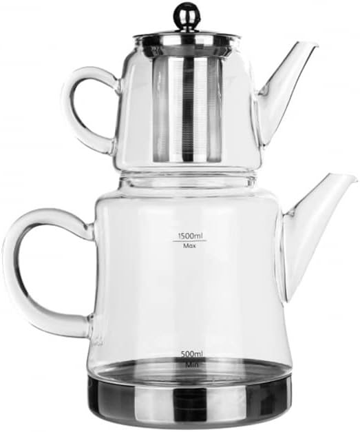 Karaca Dora Teekanne aus Glas, Kanne 450ml, Wasserkocher 180ml, Geeignet für Gas- und Elektrokochsys