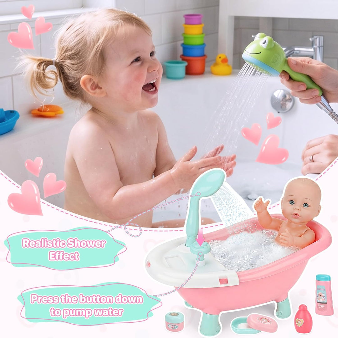 deAO Baby Puppe mit Badewanne und Zubehör, 30cm Badepuppe für Mädchen | Puppenzubehör Spielset mit F