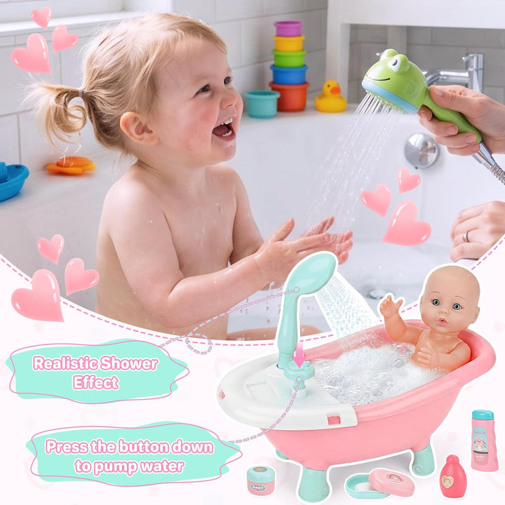 deAO Baby Puppe mit Badewanne und Zubehör, 30cm Badepuppe für Mädchen | Puppenzubehör Spielset mit F