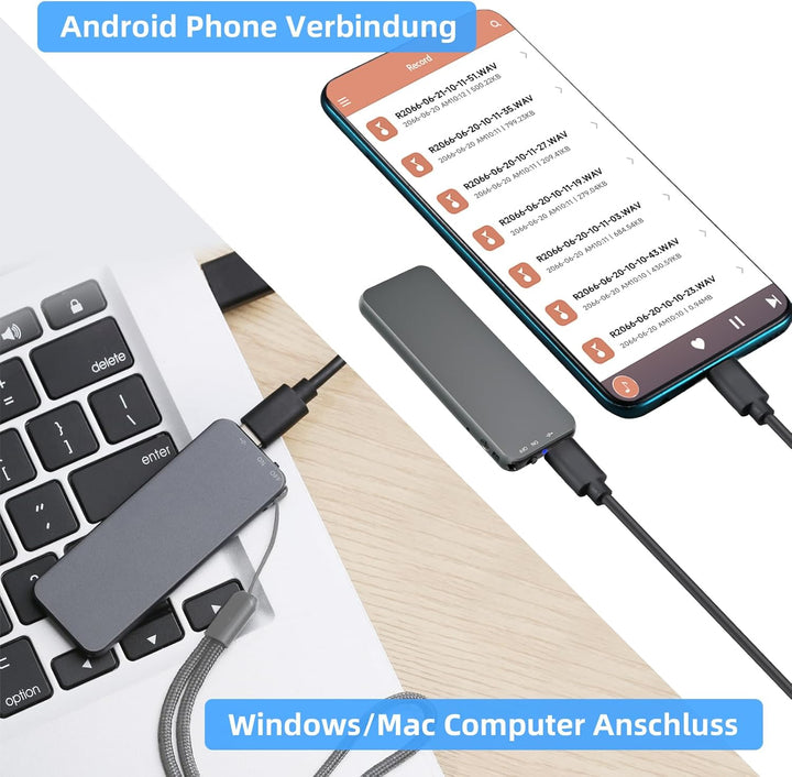 64GB Ponovo Diktiergerät im Schlüsselanhänger-Design mit Metallgehäuse, EIN-Tasten-Bedienung, 1536kb