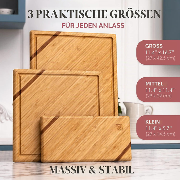 Chorus Schneidebrett Holz (3er Set) - Luxuriöses Bambus Holzbrett Küche, Tranchierbrett, Küchen Schn
