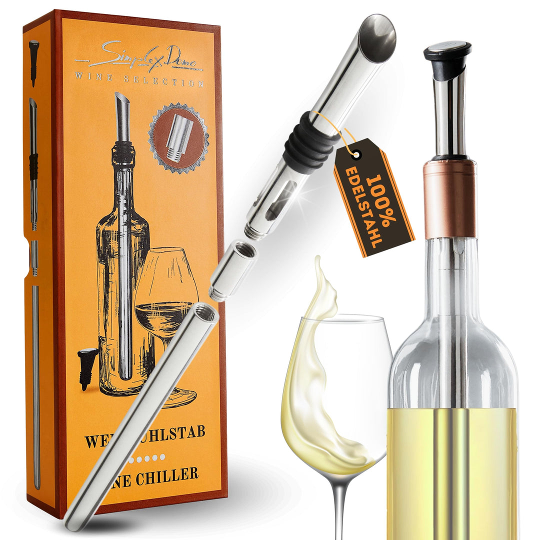 4-in-1 Weinkühlstab Premium Set - 100% Edelstahl Ausgiesser & Weinkühler, inkl. Verlängerung & Flasc