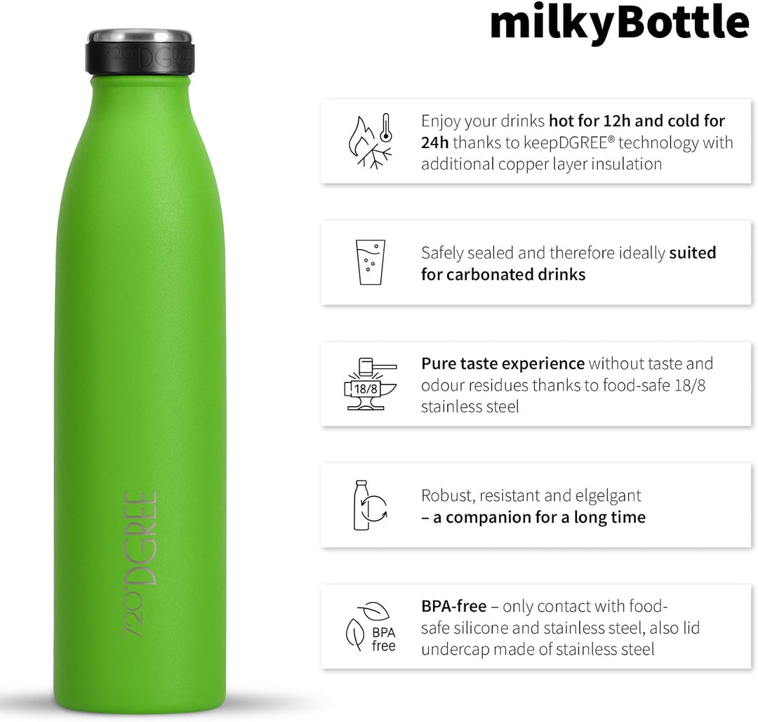720°DGREE Edelstahl Trinkflasche “milkyBottle” - 1L - BPA-Frei, Auslaufsicher, Kohlensäure geeignet