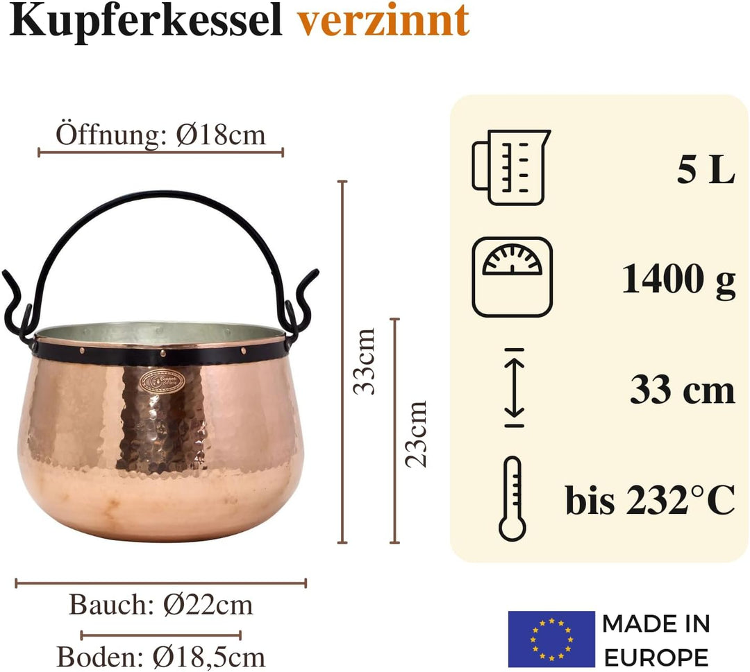 CopperGarden Kupferkessel 5 L mit Henkel I Robuster Kessel aus verzinntem Kupfer: Ideale Wärmeleitun