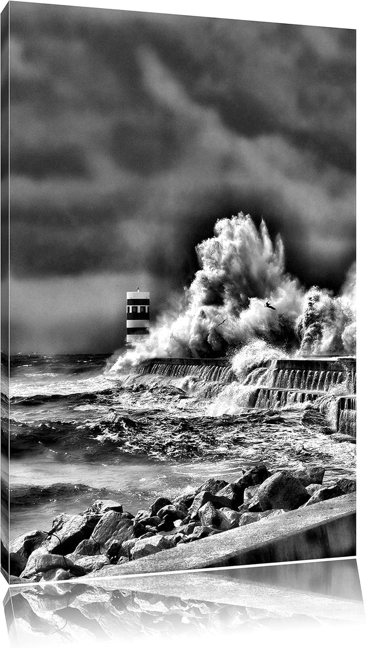 Pixxprint Monocrome, Küste Unwetter Meer Wellen Klippe, Format: 100x70 auf Leinwand, XXL riesige Bil
