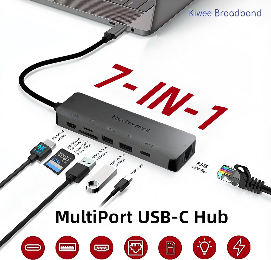 7-in-1 USB-C Hub mit 5G Ethernet, 100W PD-Ladefunktion, 4K HDMI, 2× USB-A 3.2, SD/MicroSD-Kartenlese