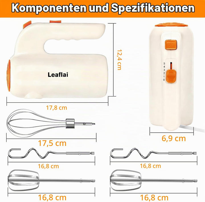 Handmixer, 5-Gang-Elektro-Schneebesen mit Turbo-Boost, inklusive 5 Edelstahl-Aufsätzen - Tolle Stand