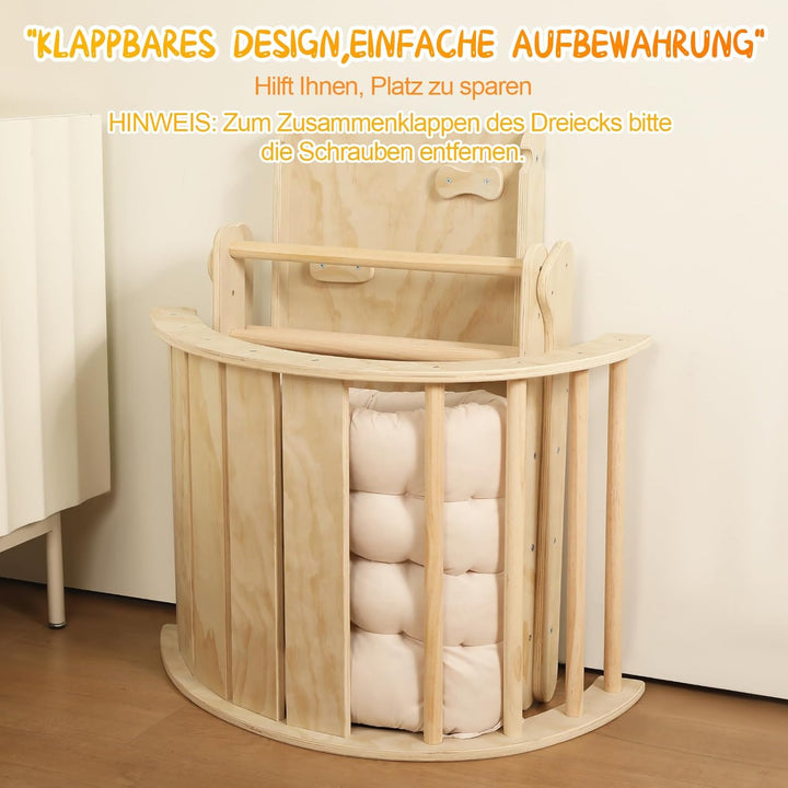 7-in-1 Montessori Kletterdreieck Set mit Rutsche, Kletterbogen & weichem Kissen – Holz Klettergerüst
