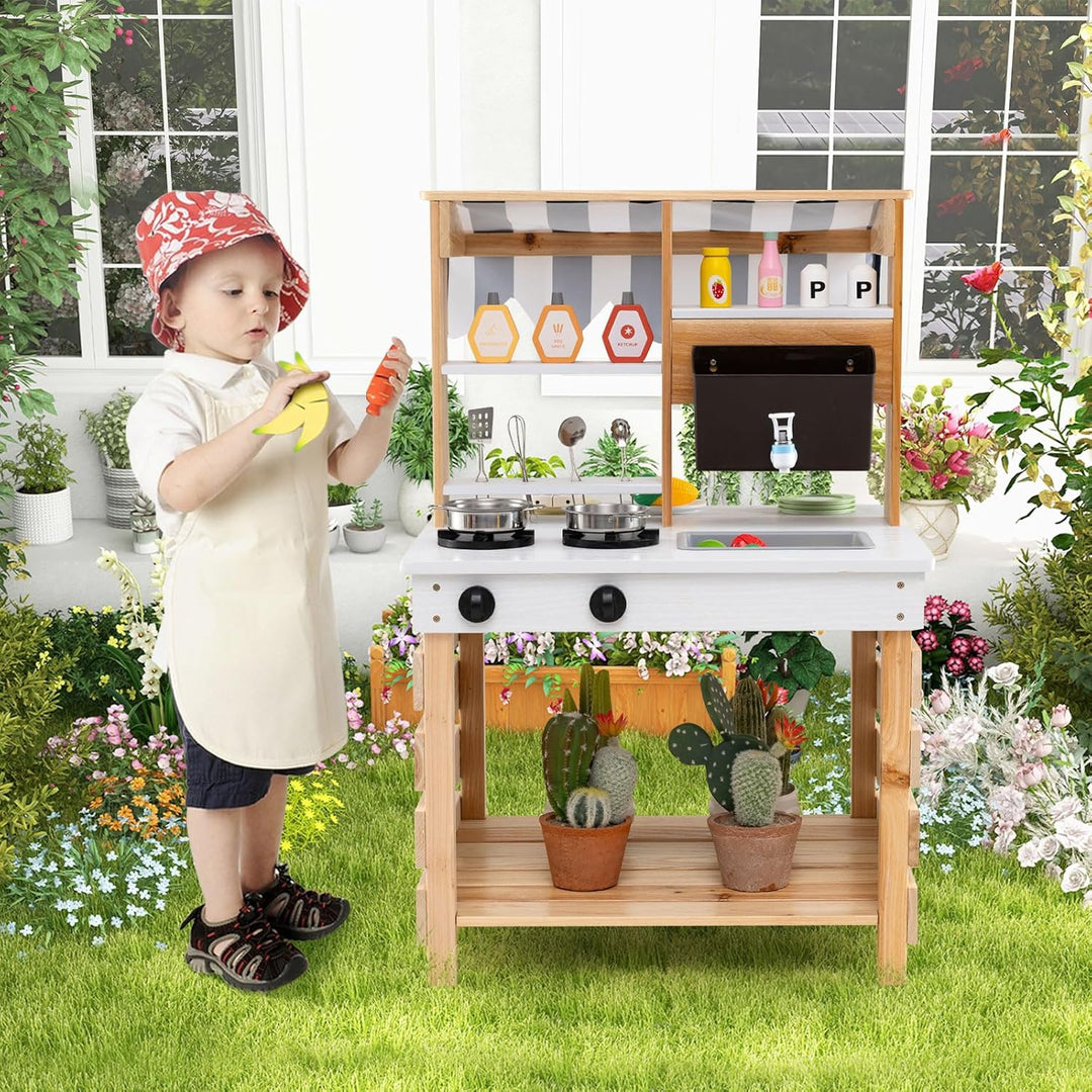 DREAMADE Matschküche Kinder Outdoor, Kinderküche aus Tannenholz mit Dach, Wassertank, Wasserhahn, Sp
