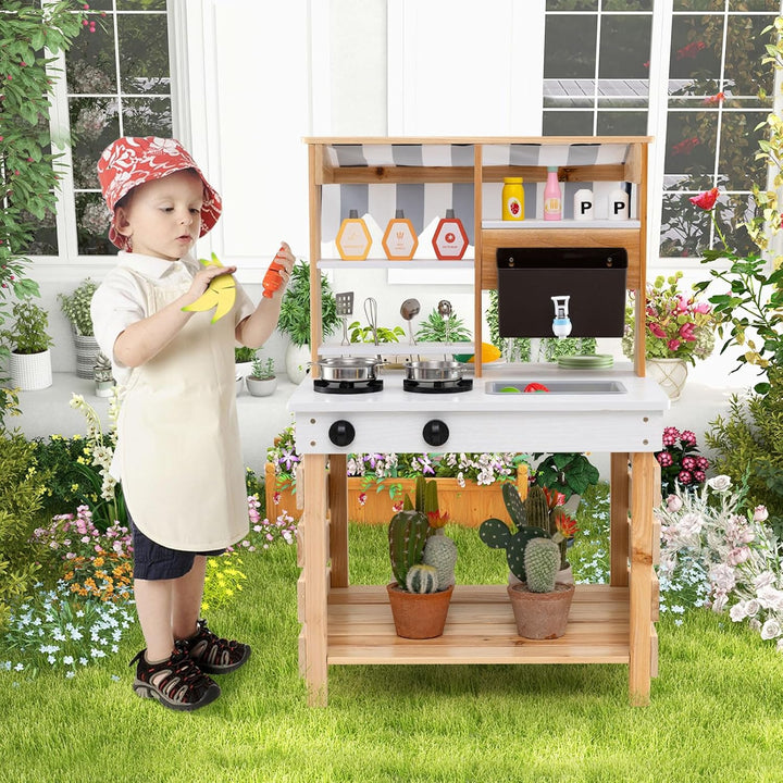 DREAMADE Matschküche Kinder Outdoor, Kinderküche aus Tannenholz mit Dach, Wassertank, Wasserhahn, Sp