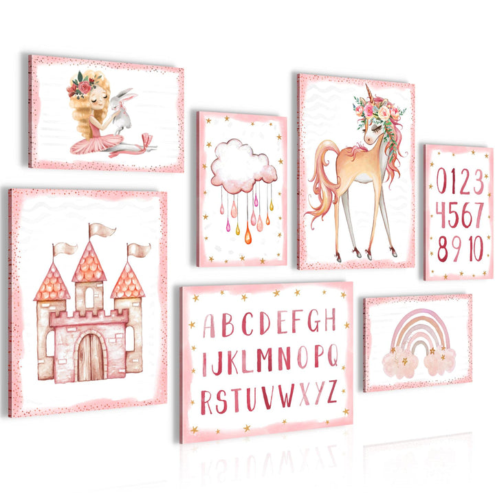 Novart Wandbilder Einhorn  - KOMPLETT AUFHÄNGFERTIG - Rosa  Kinderzimmer Mädchen- 7 Moderne Mood-Bil