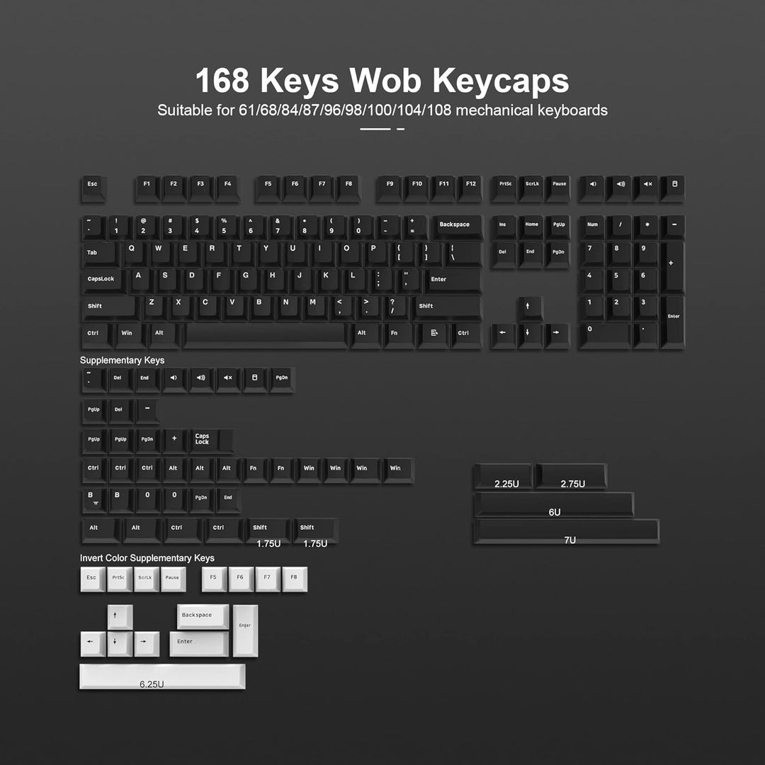 WOB Keycaps 168 Tasten, Double Shot PBT Custom Keycap Set, Minimalistischer Stil Weiss auf Schwarz C