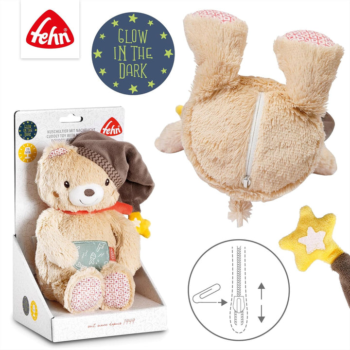 Fehn Nachtlicht Bär – Schlummerlicht & Einschlafhilfe: Kuscheltier mit „Glow-in-The-Dark“-Bestickung