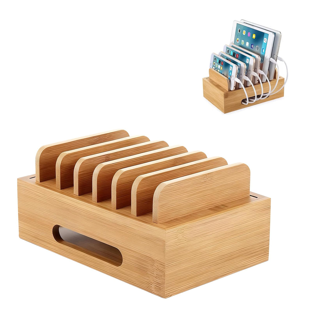 Holz Ladestation für Mehrere Geräte Ladestations Organizer 6 Fächer Handy-Dock Tragbare Dockingstati