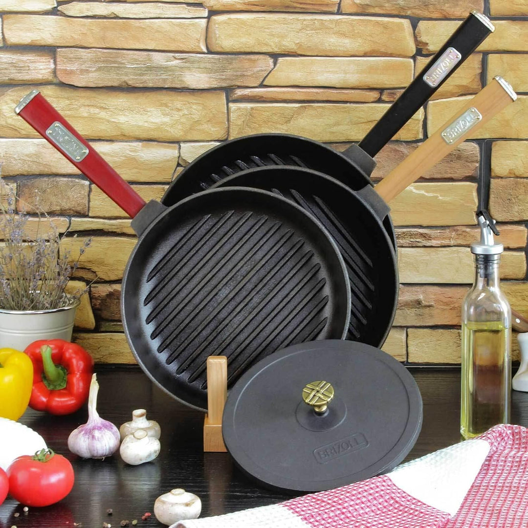 4BIG.fun Ø28cm Grillpfanne Gusseisen mit Pressdeckel Induktion Holzgriff Bratpfanne Pfanne Feuerpfan