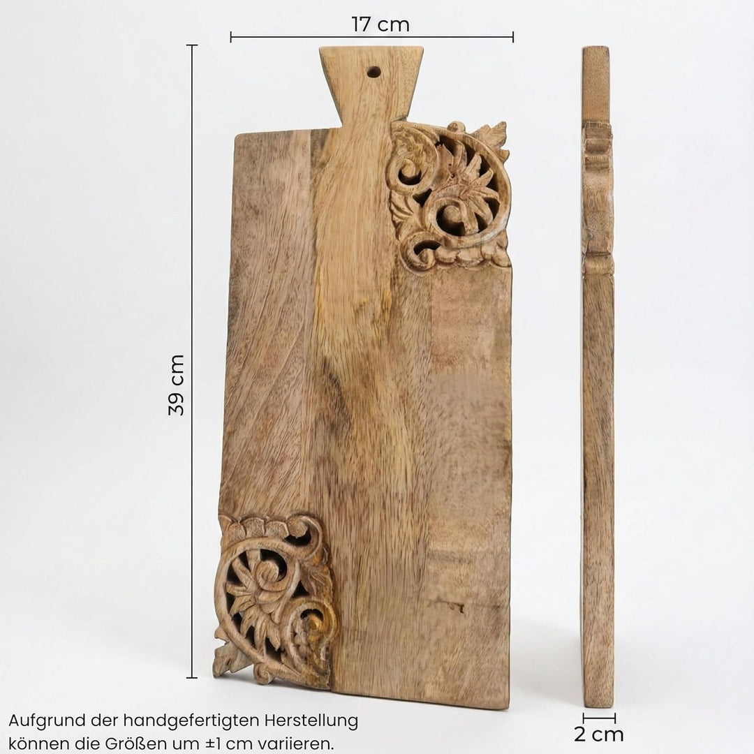 Holz Schneidebrett – Servierbrett aus Massivholz, Naturholz mit Schnitzdesign, 39 x 17 x 2 cm