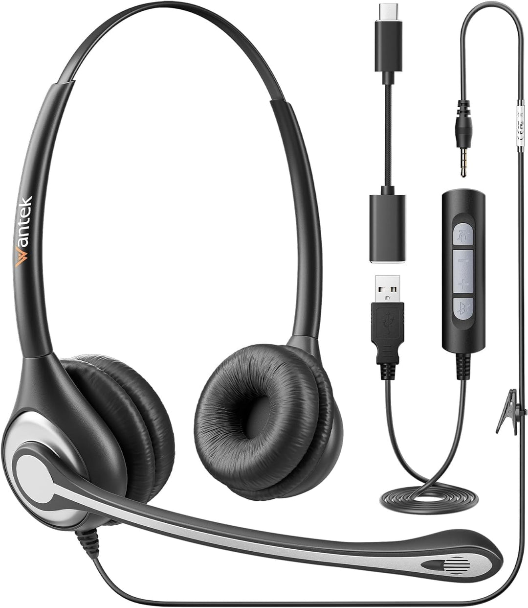 Wantek 602F Headsets mit Kabel Noise Cancelling Mikrofon USB 3,5mm Stecker und Typ-C Adapter für Com