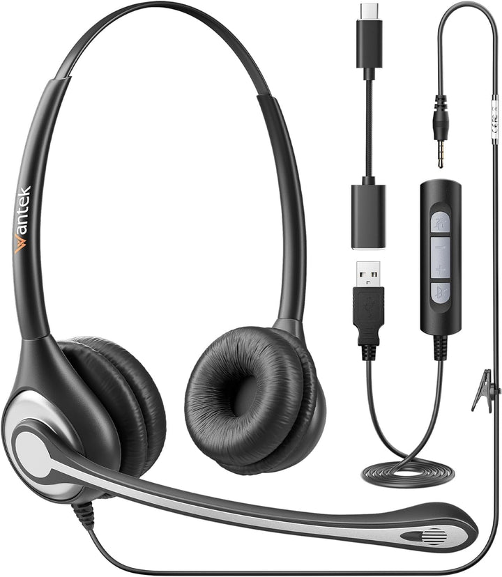 Wantek 602F Headsets mit Kabel Noise Cancelling Mikrofon USB 3,5mm Stecker und Typ-C Adapter für Com