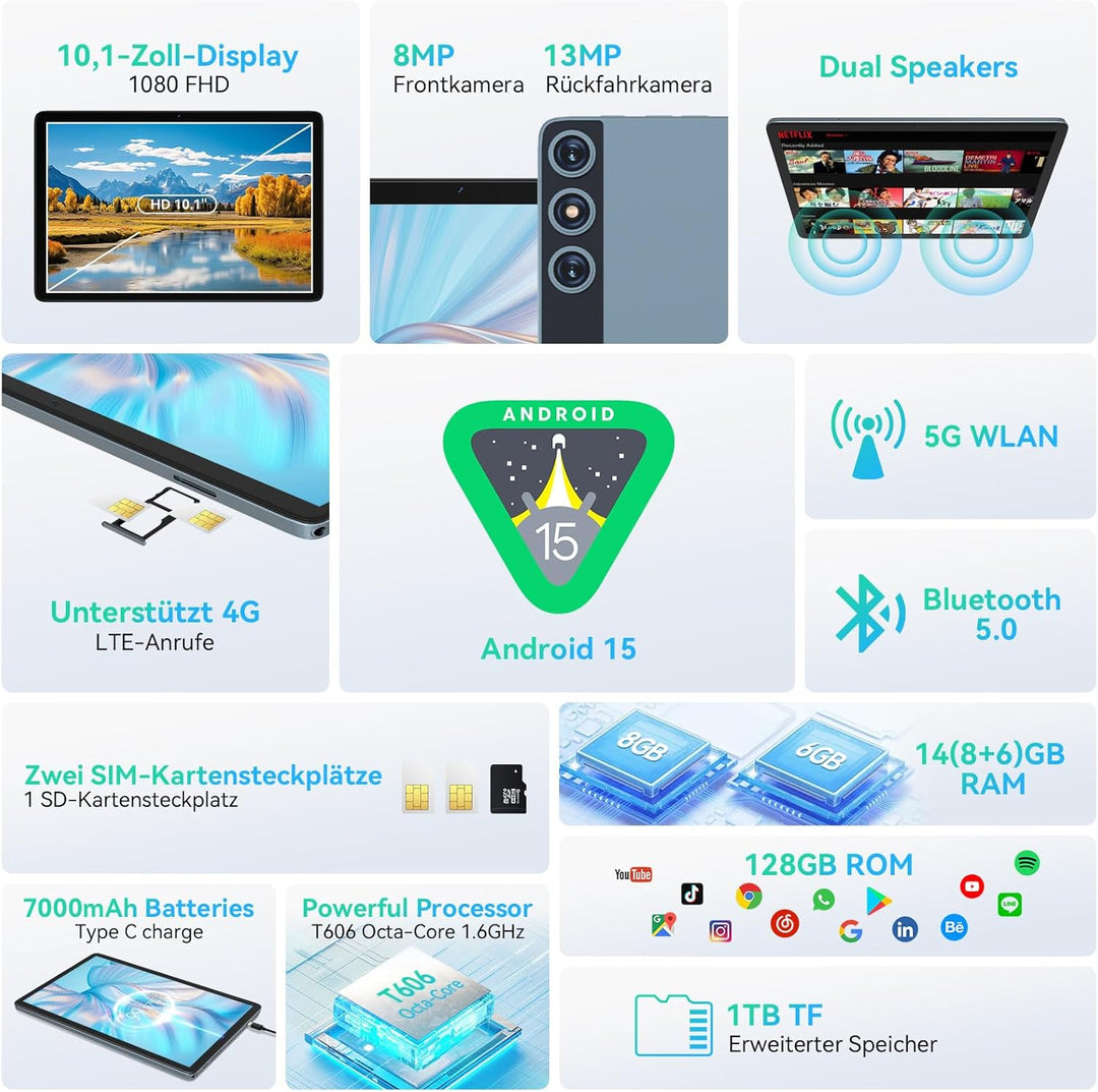 2024 Neueste Android 14 Tablet 10 Zoll,4G LTE Tablets Mit 2 SIM 1 SD slot,5G Wifi Tablet PC Mit 14GB