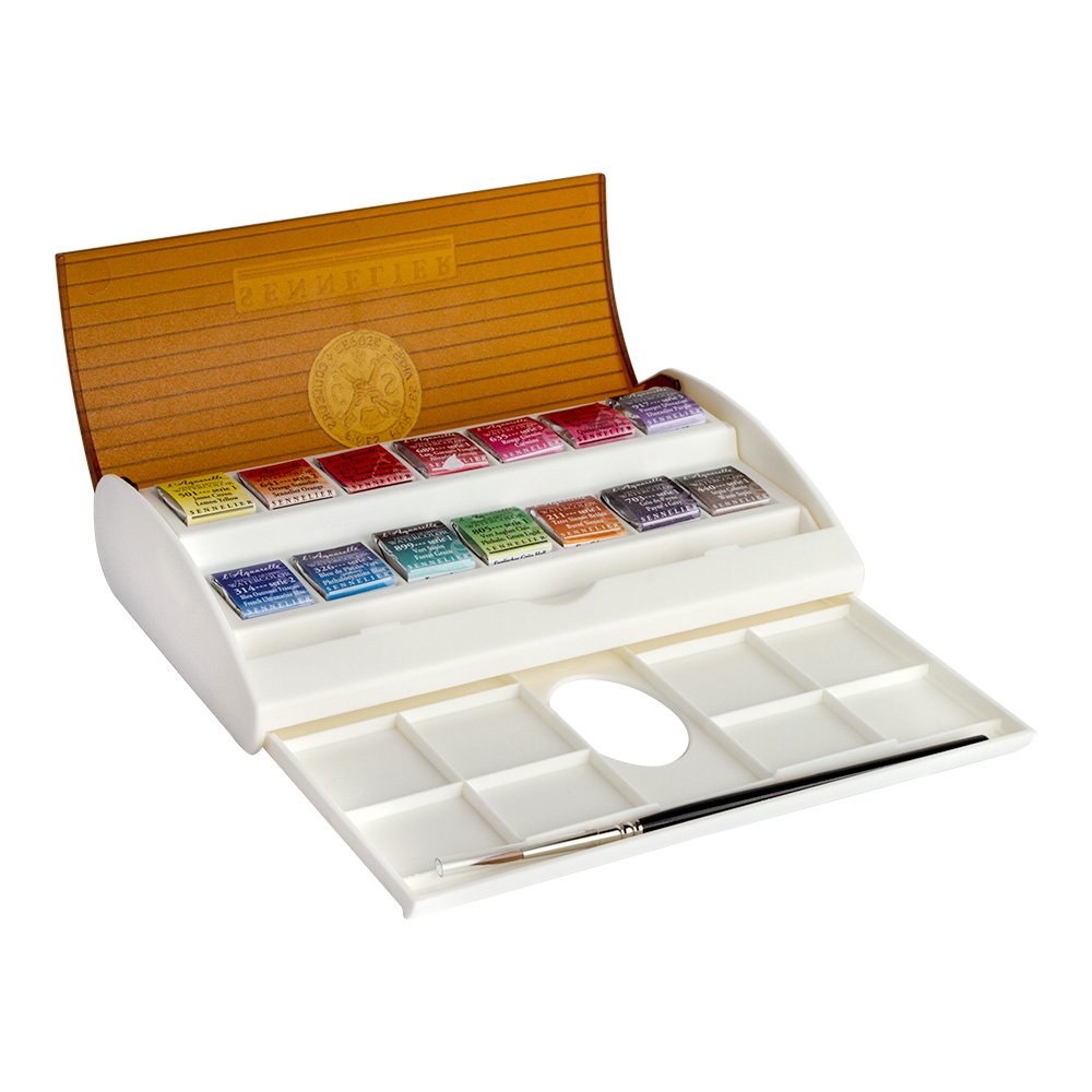 Sennelier - Aquarell Reiseset - 14 halbe Naepfchen im Kunststoffkasten 1 Stück (1er Pack) Black/Blue