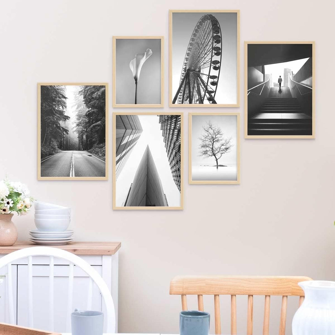 PHOTOLINI Bilderrahmen Set verschiedene Grössen, 6 Bilderrahmen Holz MDF Natur, Bilder Rahmen mit Ac