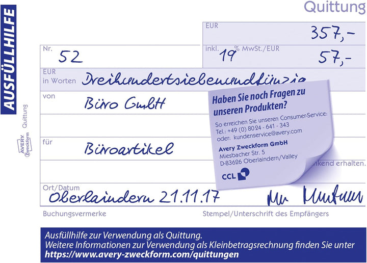 AVERY Zweckform 1736-10 Quittungsblock (A6 quer, 2x40 Blatt, selbstdurchschreibend, fälschungssicher