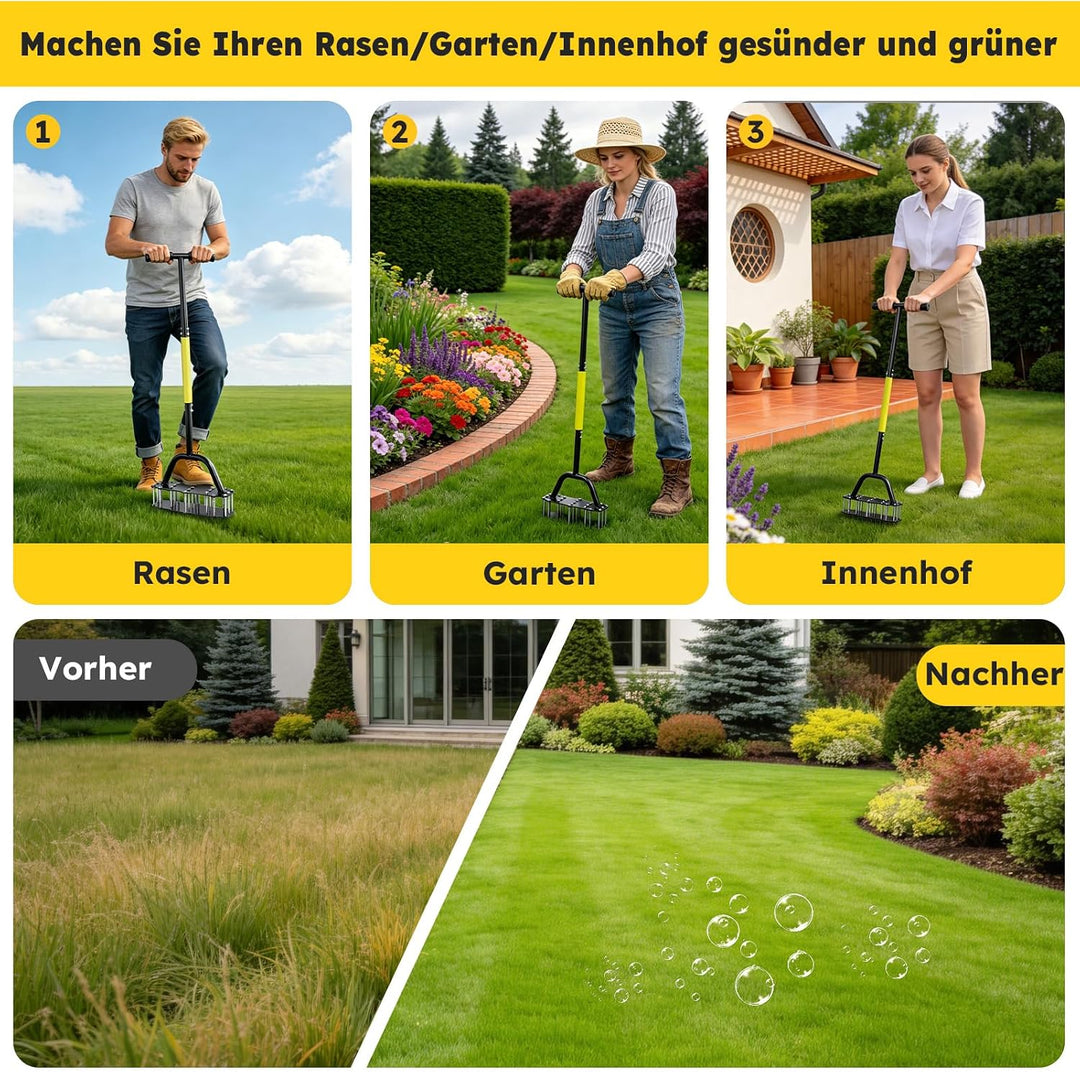 Rasenlüfter mit Feder – 17 scharfe Metallspitzen,T-Griff mit Polsterung – manueller Aerifizierer für