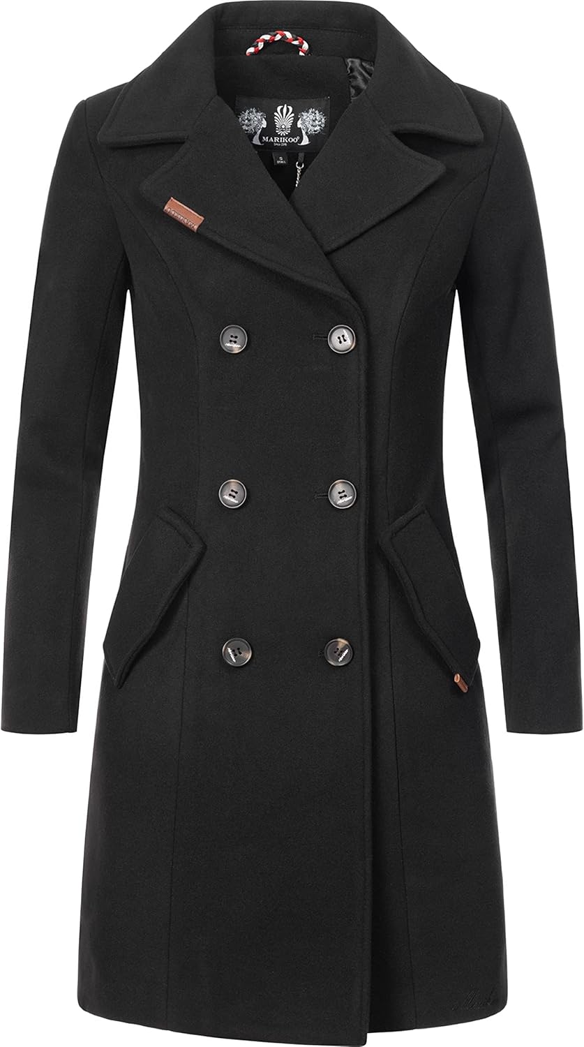 MARIKOO Damen Wintermantel warmer Wollmantel lang Nanakoo XS-XXL S Schwarz, S Schwarz