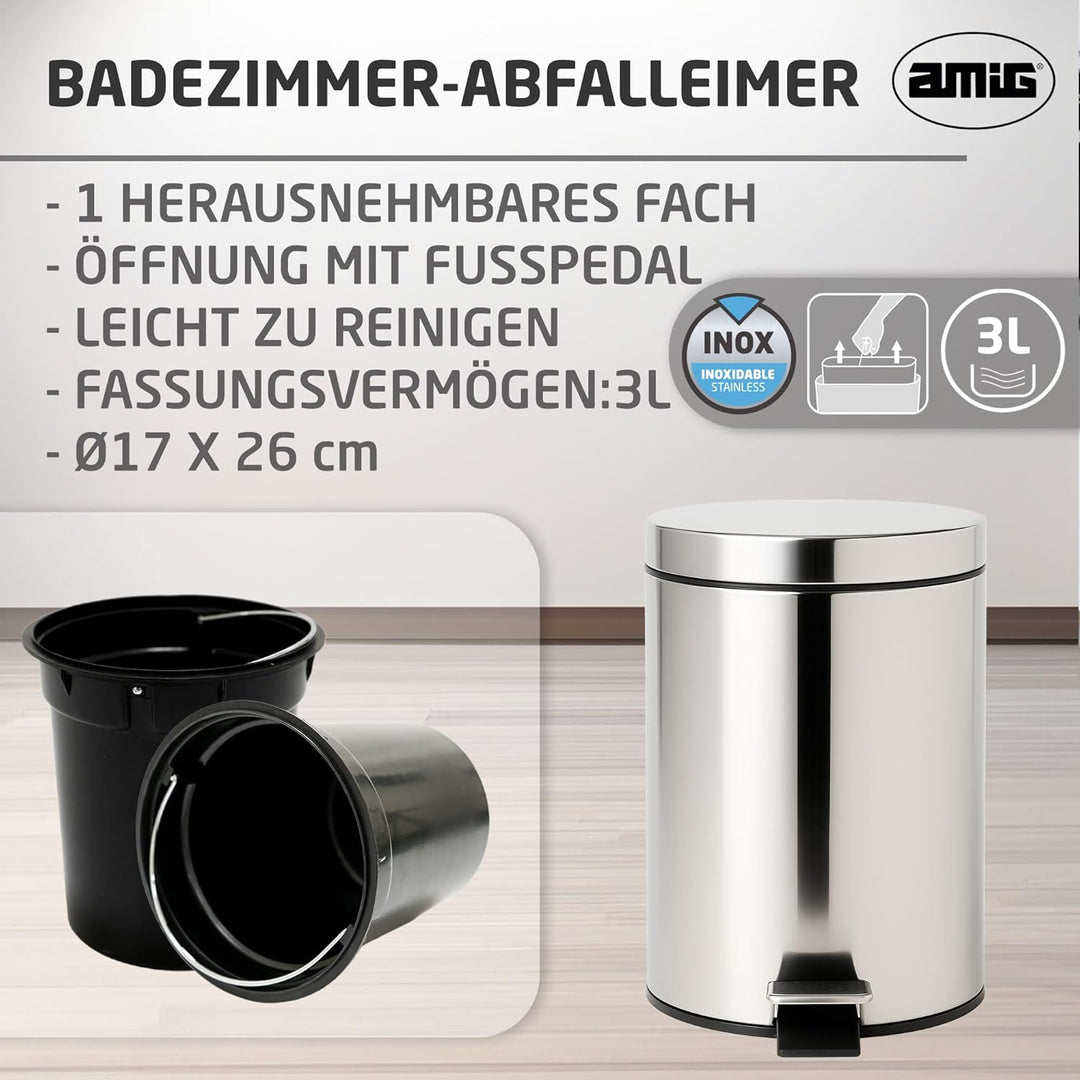 Amig – Kosmetikeimer mit Pedal 3L Linea – Polierter Edelstahl – Hygienische Öffnung – Ø16,8 x 25,5 c