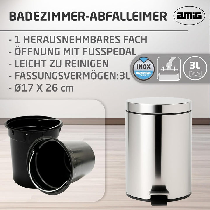 Amig – Kosmetikeimer mit Pedal 3L Linea – Polierter Edelstahl – Hygienische Öffnung – Ø16,8 x 25,5 c